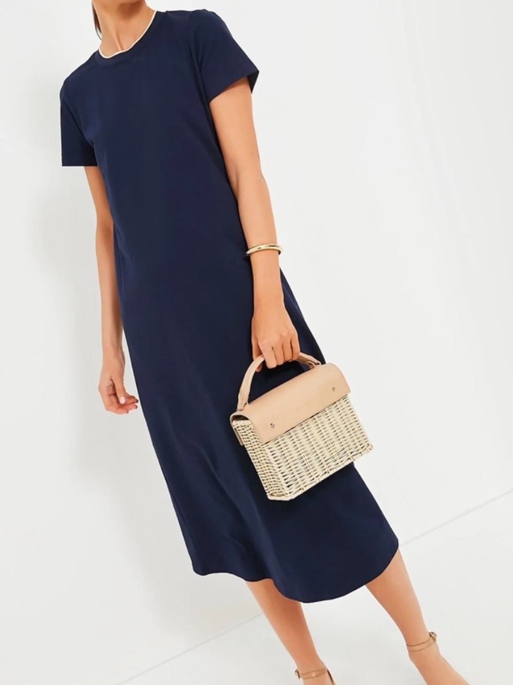 Tuckernuck Aimee Shift Navy Blue Ringer Neck Midi Short Sleeve XS